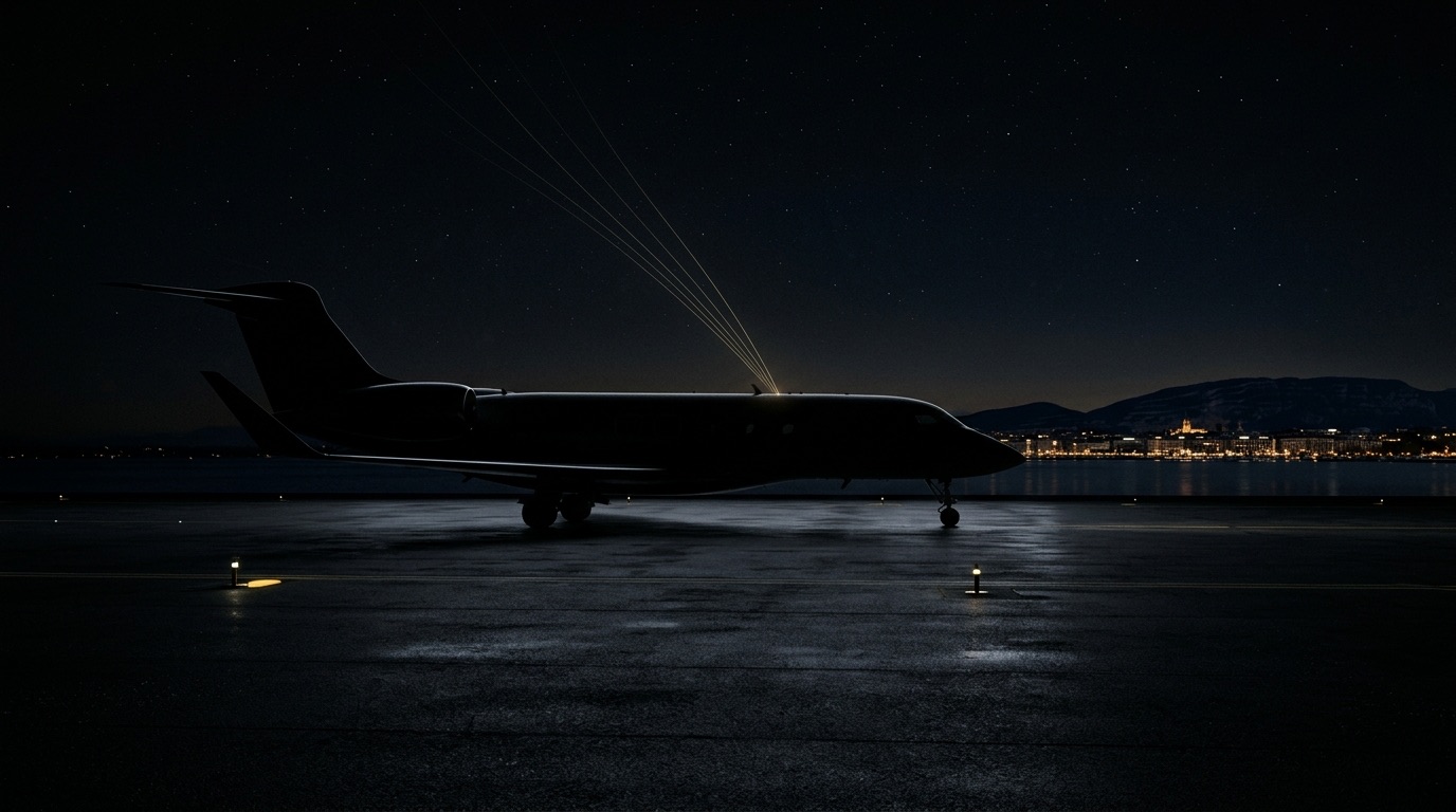 A private jet on a night tarmac near Geneva with faint gold lines suggesting a secure satellite connectivity link