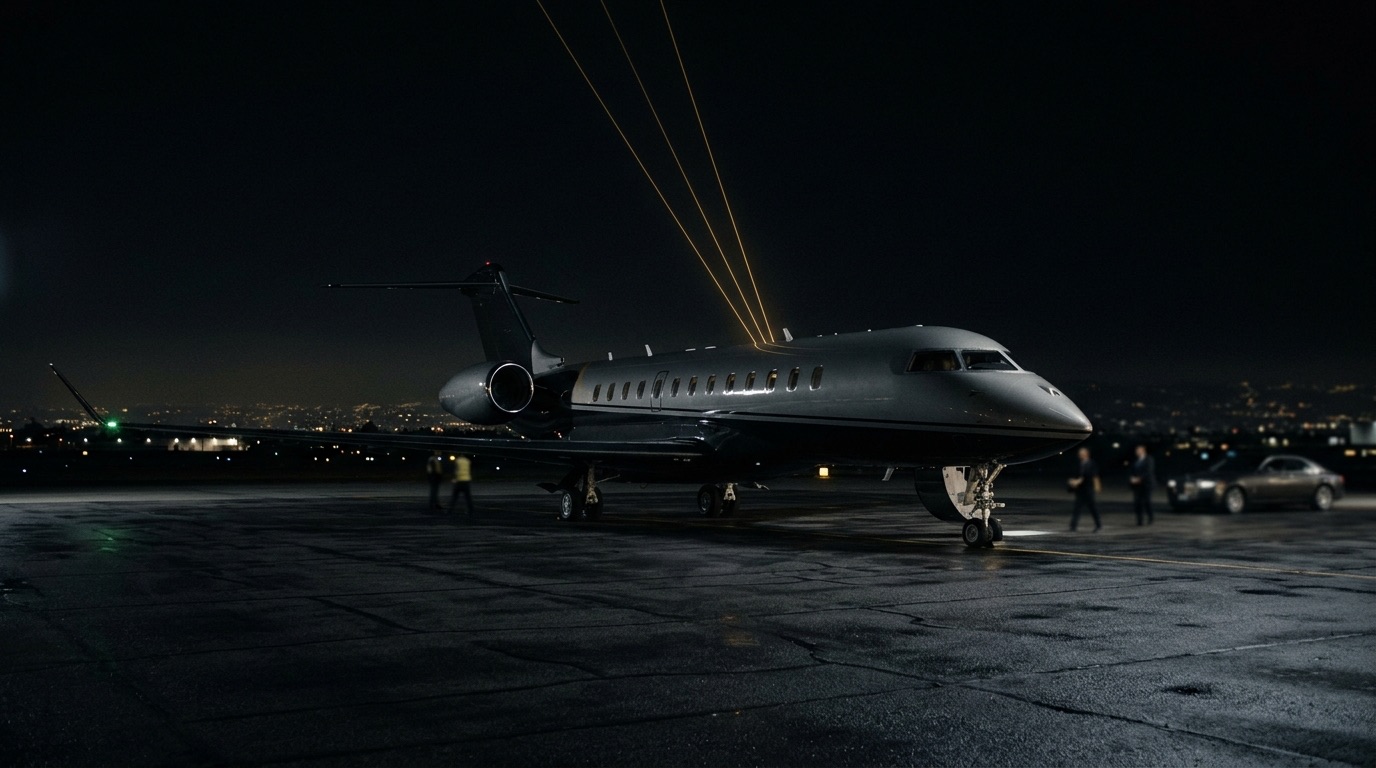 A private jet on a dark Los Angeles tarmac at night with a faint gold light line suggesting a secure satellite uplink