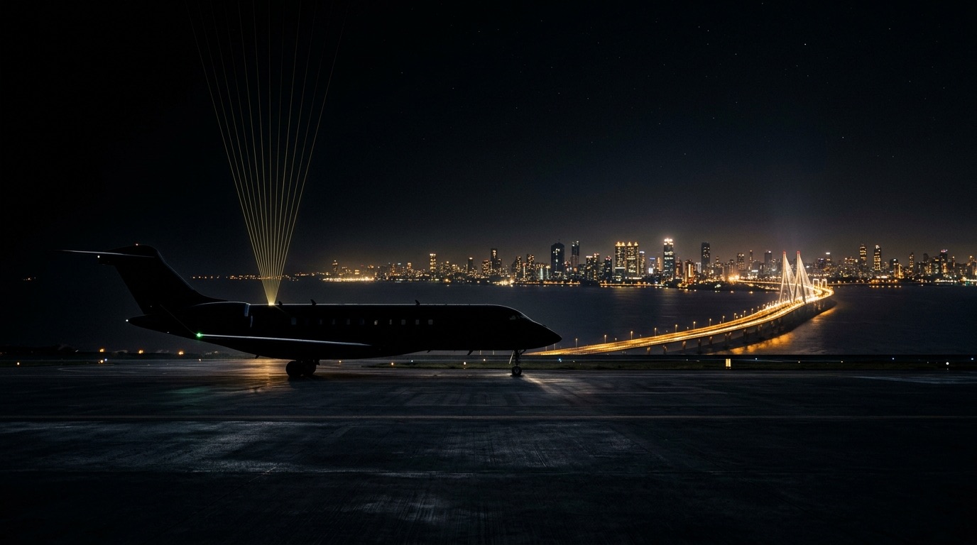 Private jet on tarmac at night with Mumbai skyline glow in the background and faint gold uplink lines