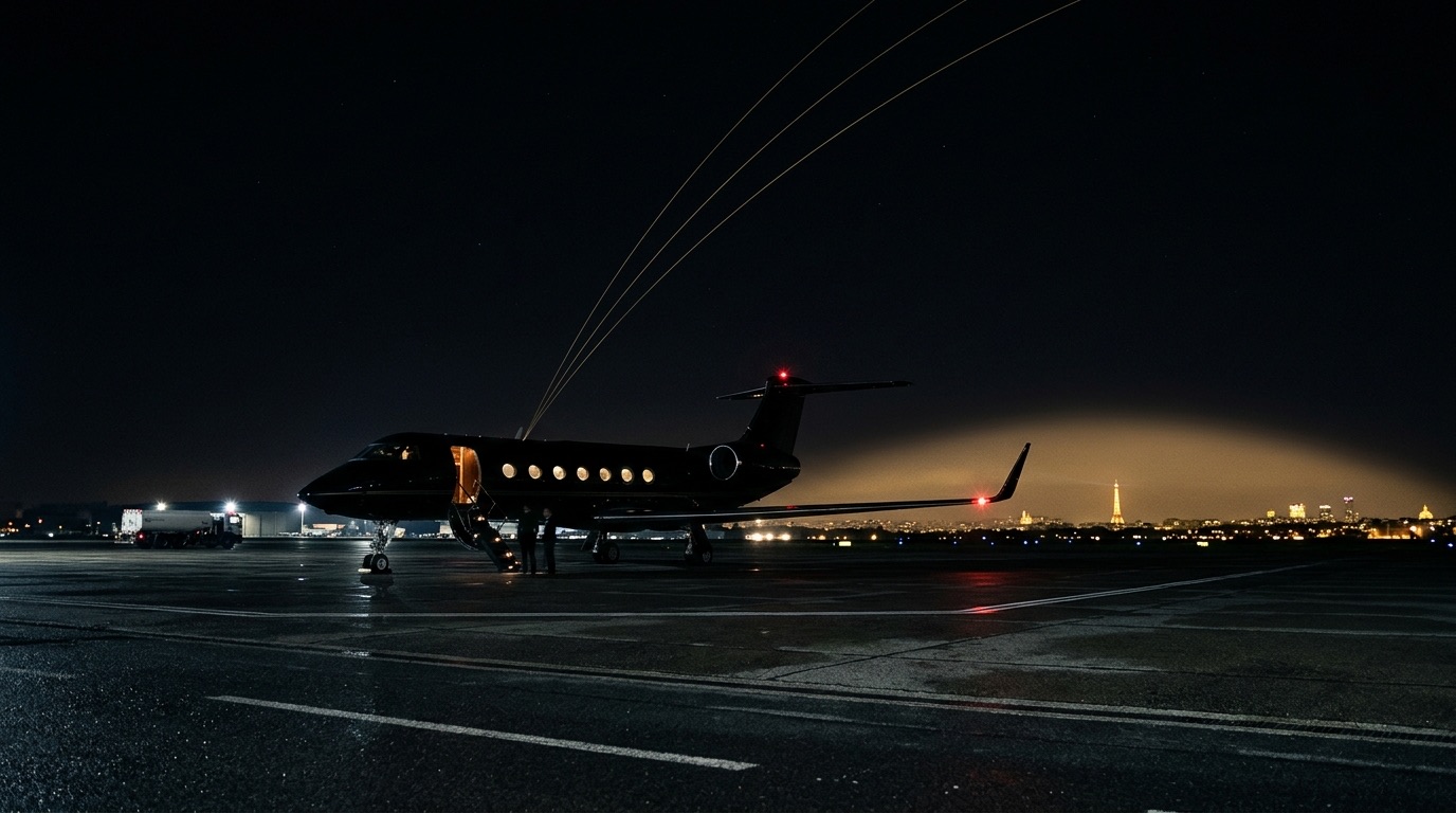 A private jet on a night tarmac near Paris with faint gold lines suggesting a secure satellite connectivity link