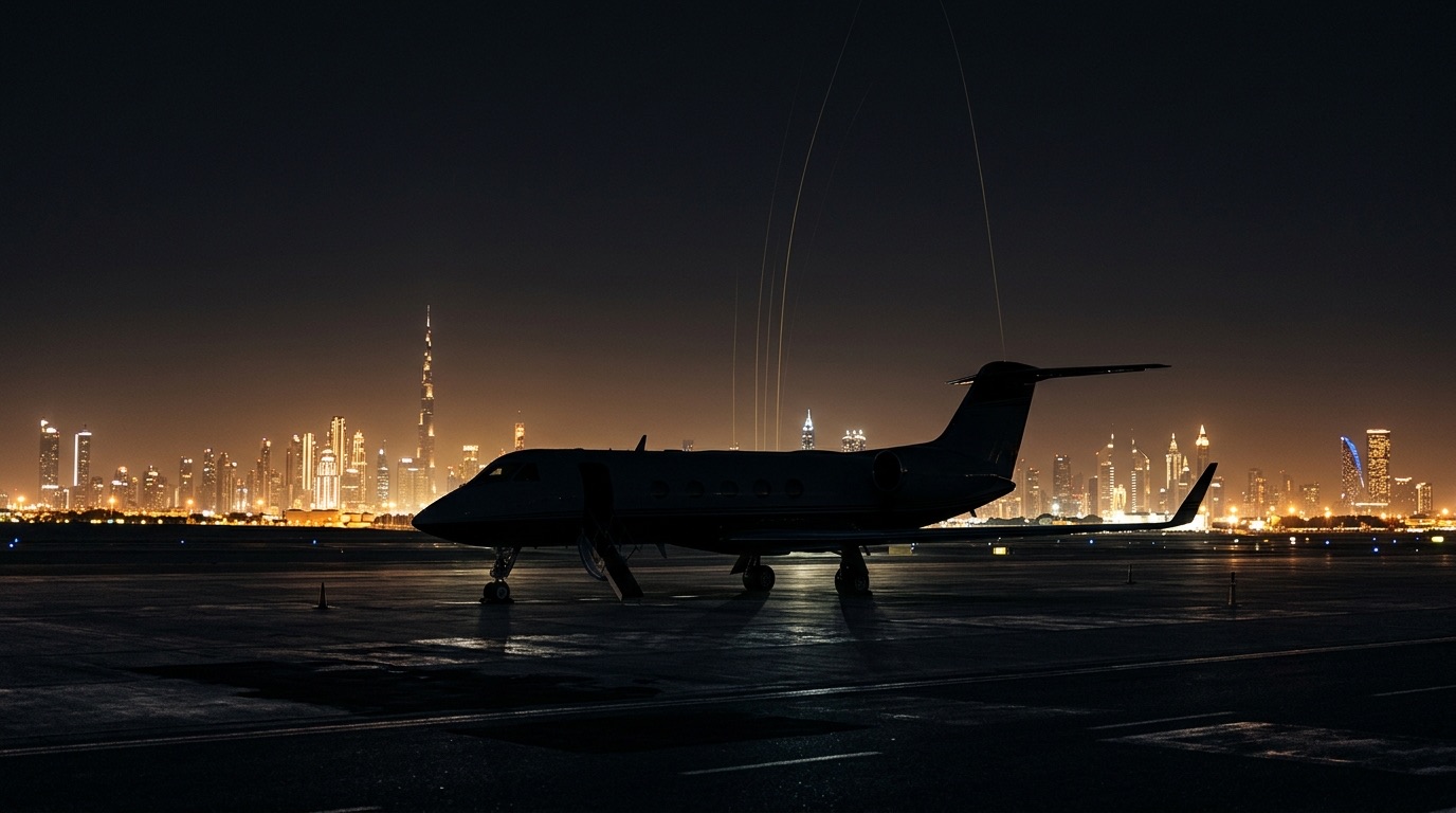 Private jet at night on a tarmac with a distant illuminated Gulf city skyline and a thin gold light line suggesting a secure satellite uplink