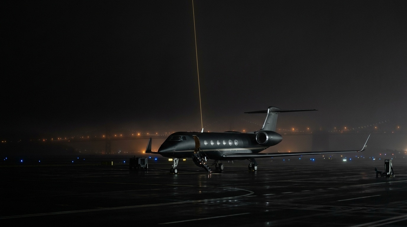 A private jet on a foggy tarmac near San Francisco Bay at night with a faint gold light line suggesting a secure satellite uplink