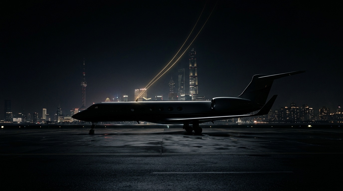 Private jet on a tarmac apron at night with the illuminated Shanghai Pudong skyline in the background