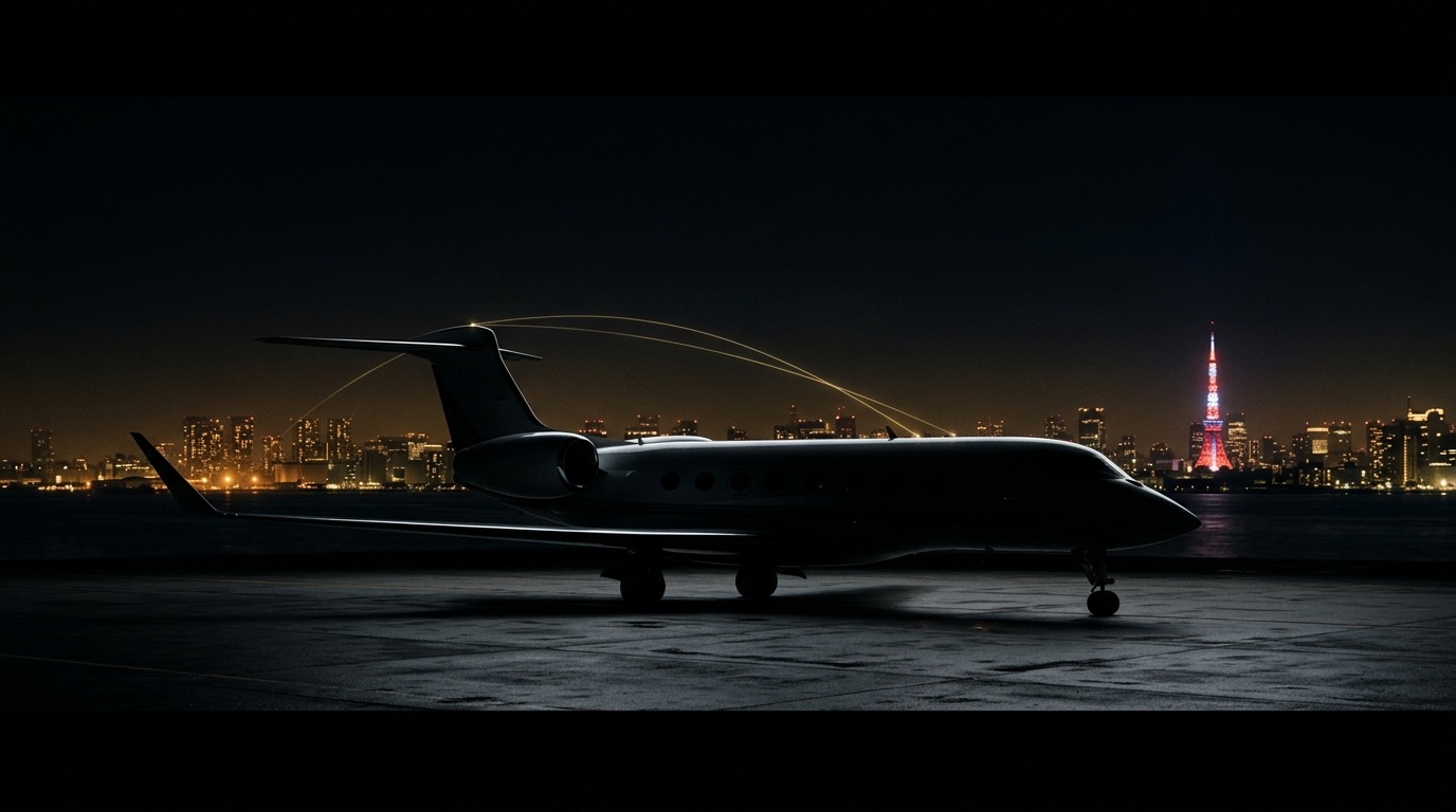 Private jet on tarmac at night with Tokyo skyline and tower glow in the background and faint gold uplink lines