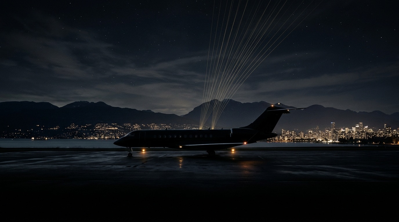 Private jet on a night tarmac with a Pacific coastal mountain skyline and faint gold satellite uplink light lines, representing secure Vancouver private aviation connectivity