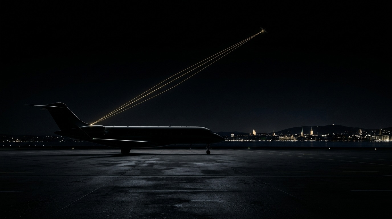 Private jet on a night tarmac near a lakeside city skyline with faint gold satellite uplink light lines, representing secure Zurich private aviation connectivity