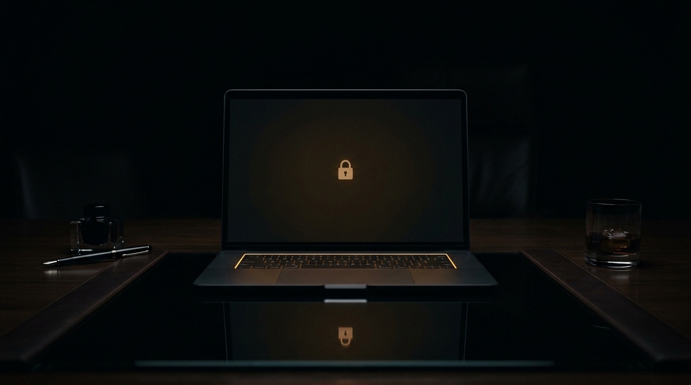 A laptop screen with a faint padlock reflection on an executive desk at night, gold light along the keyboard