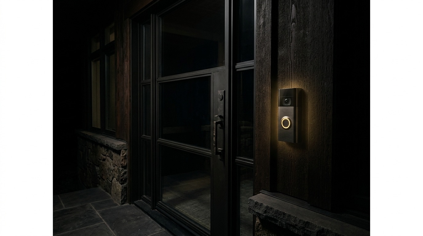 A smart doorbell camera glowing on a dark luxury entryway at night, suggesting a compromised connection