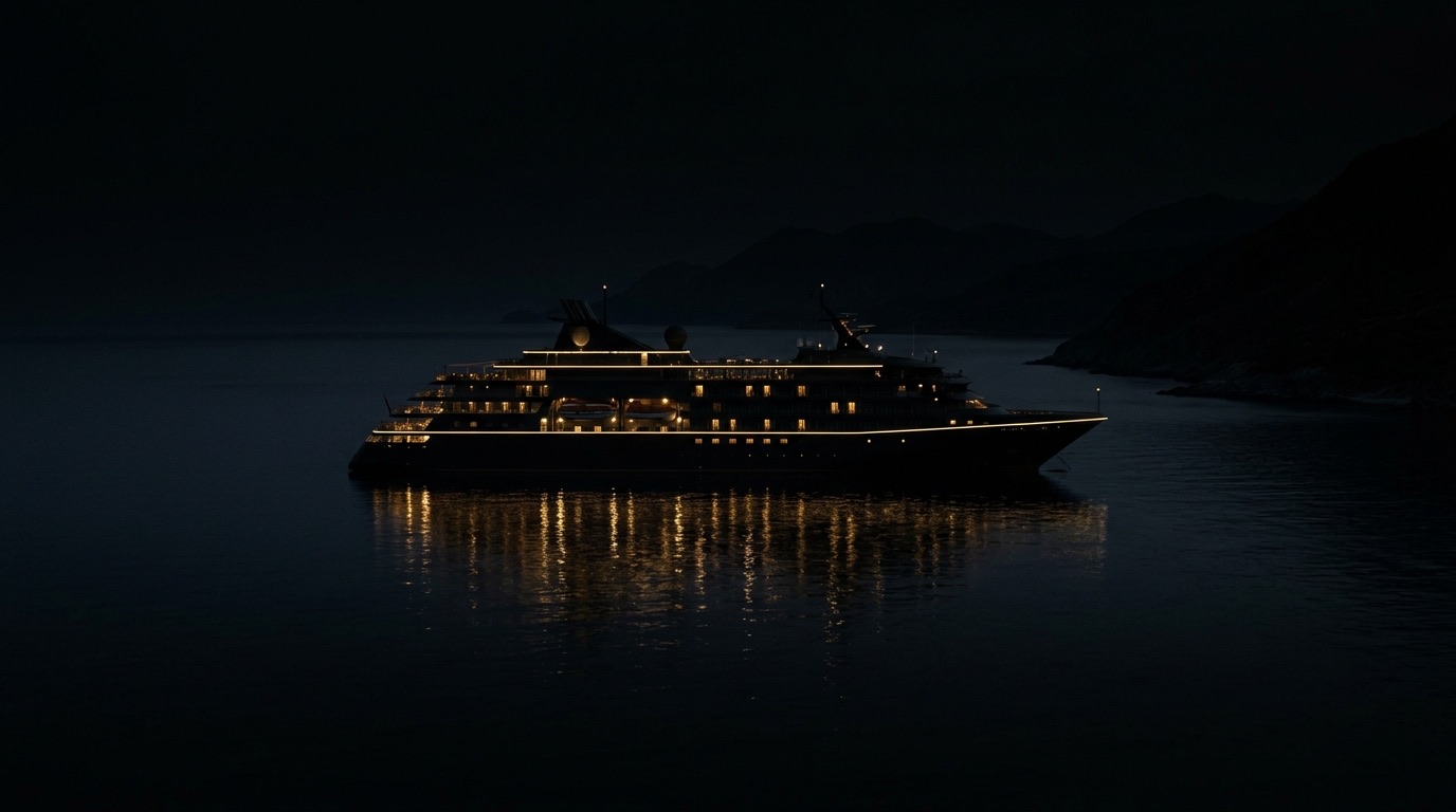 Silhouette of a small ultra-luxury cruise ship at anchor at night with thin gold deck lighting reflected on dark water