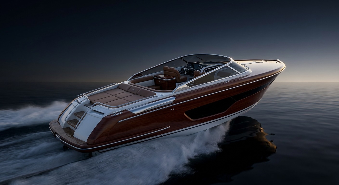 Riva 66 Ribelle flagship open motoryacht running at speed against a dark cinematic background