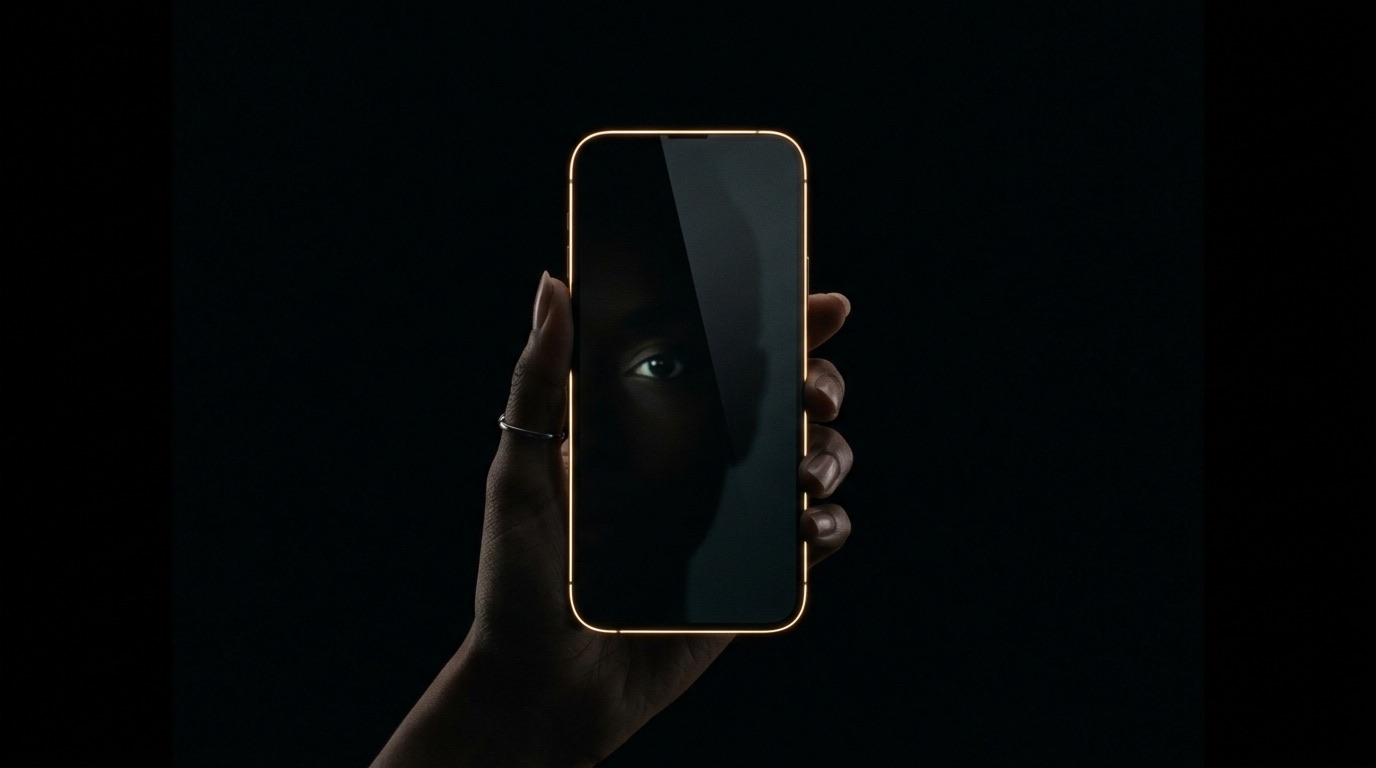 A smartphone held in a shadowed hand with a faint reflection of light on its dark screen