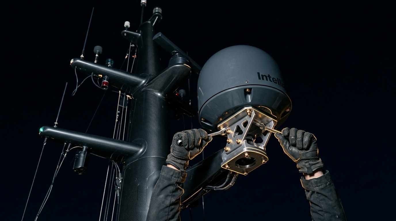 A satellite dish mounting bracket on a superyacht mast at dusk, gold light along the hardware