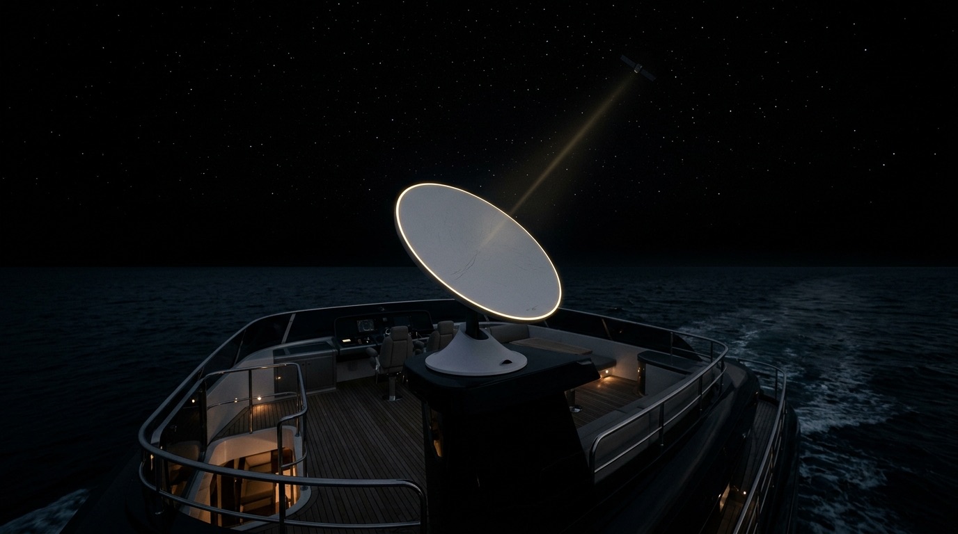 A Starlink satellite dish on a superyacht flybridge at night against a dark ocean horizon with a faint gold uplink beam