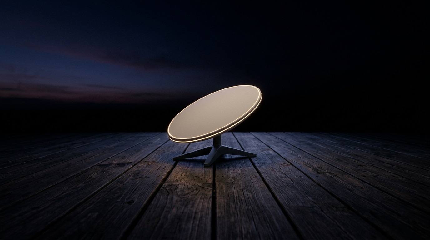 A compact Starlink Mini satellite dish on a dark teak deck at dusk with a faint gold glow along its edge
