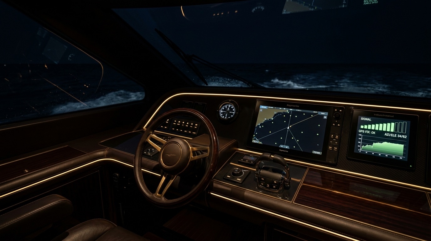 A yacht helm station at night with a chart plotter and satellite signal indicator glowing softly with gold light