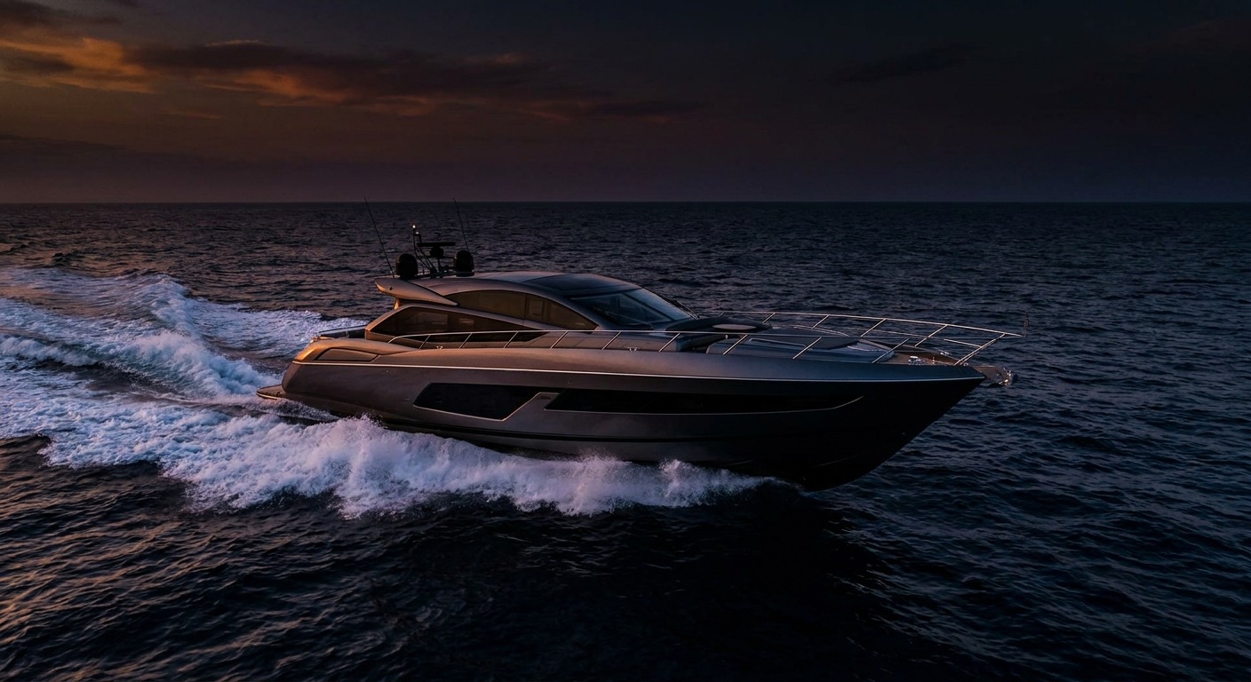 Sunseeker Predator sports yacht running at speed on open water at dusk