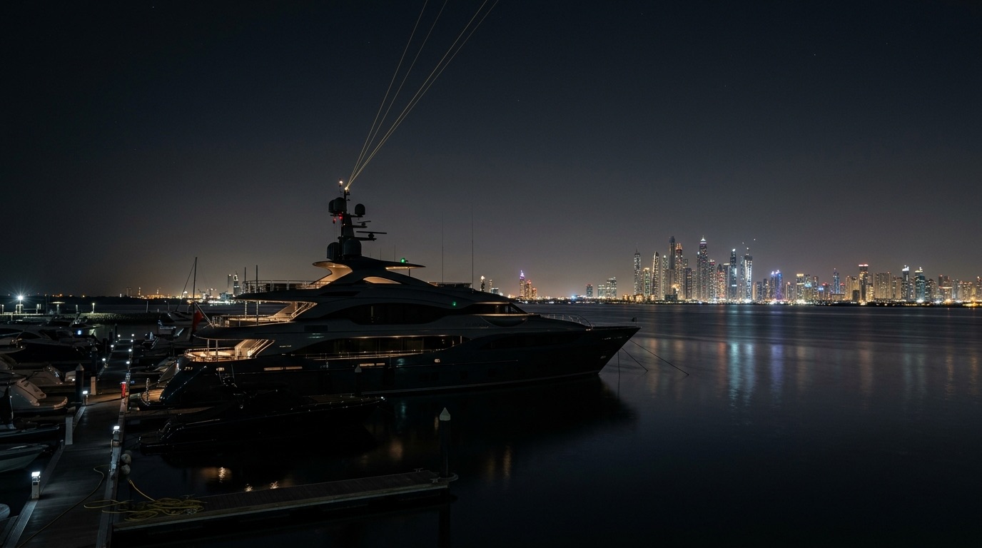 Superyacht moored at a marina at night with a distant illuminated Gulf skyline and a thin gold light line suggesting a secure satellite uplink
