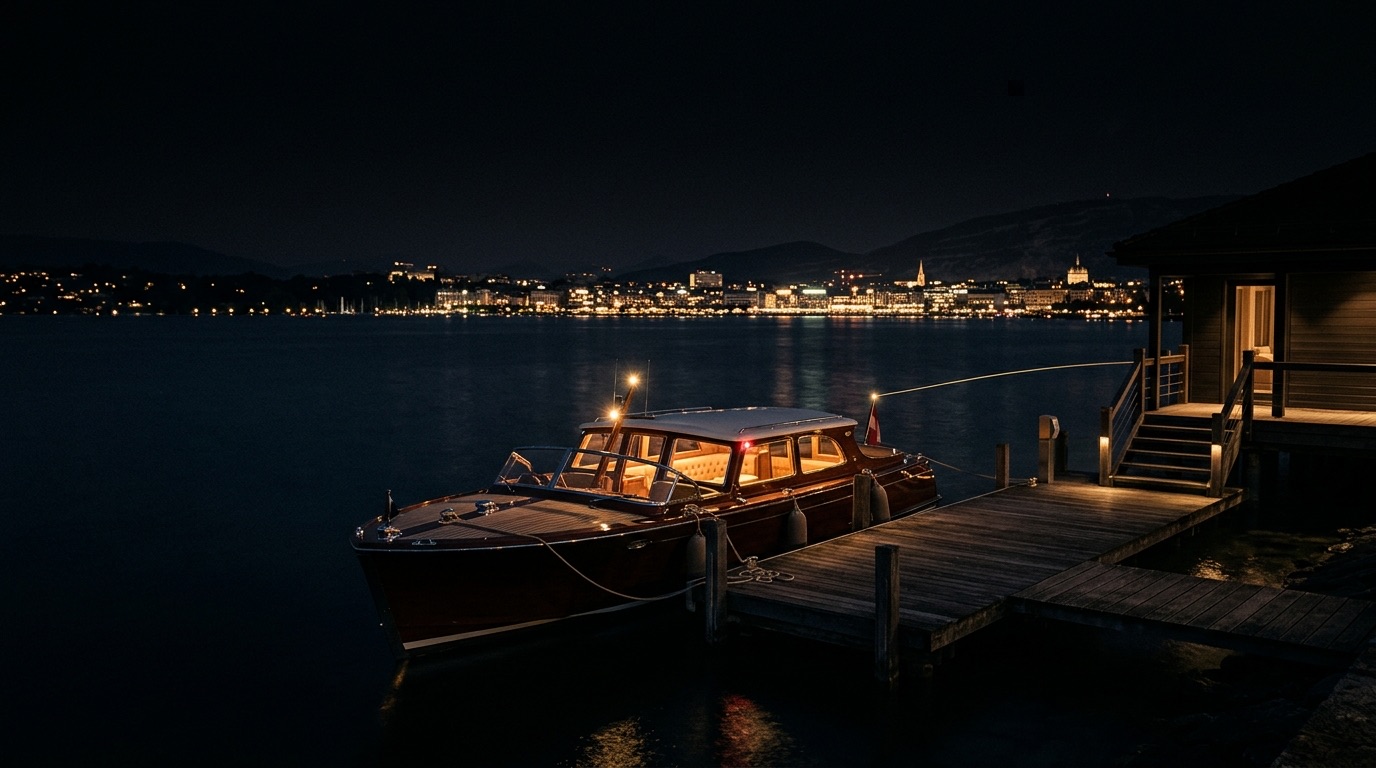 A classic motor launch at a private lakefront mooring near Geneva at night with faint gold lines suggesting a secure data connection