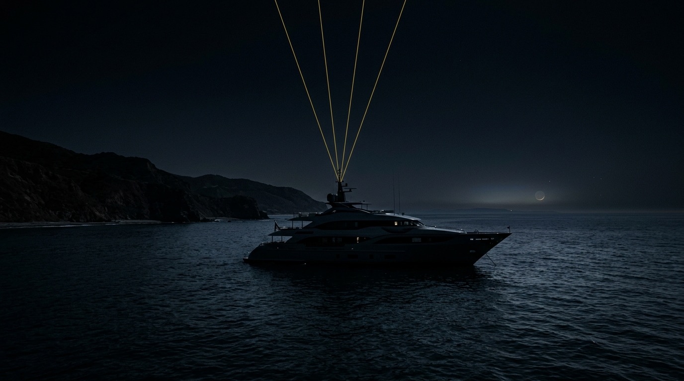 A superyacht anchored off a dark Malibu coastline at night with a faint gold light line suggesting a secure satellite data link