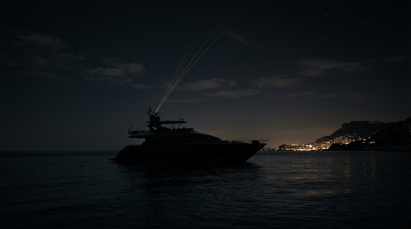 Motor yacht at anchor off a dark coastline at night with distant city lights and faint gold uplink lines