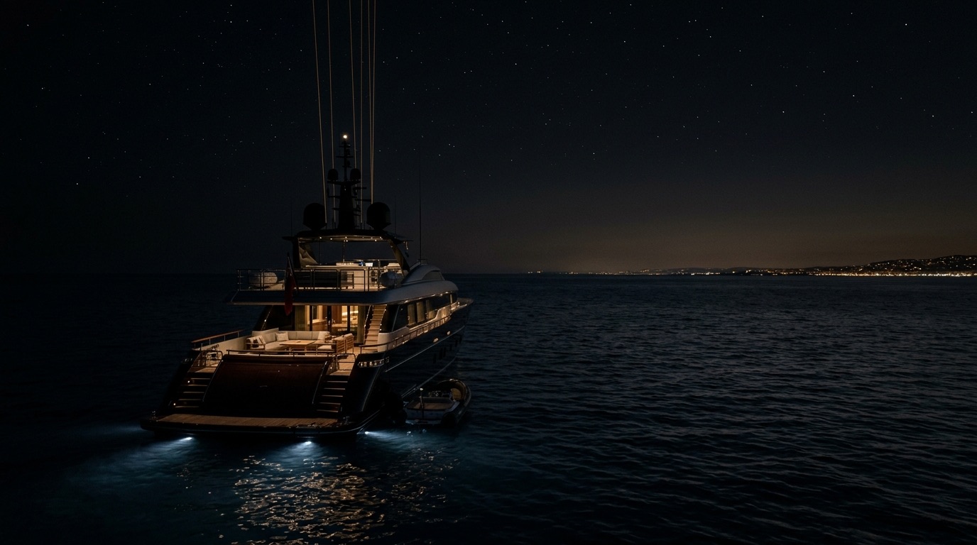 A superyacht at anchor off the Mediterranean coast at night with faint gold lines suggesting a secure satellite data connection
