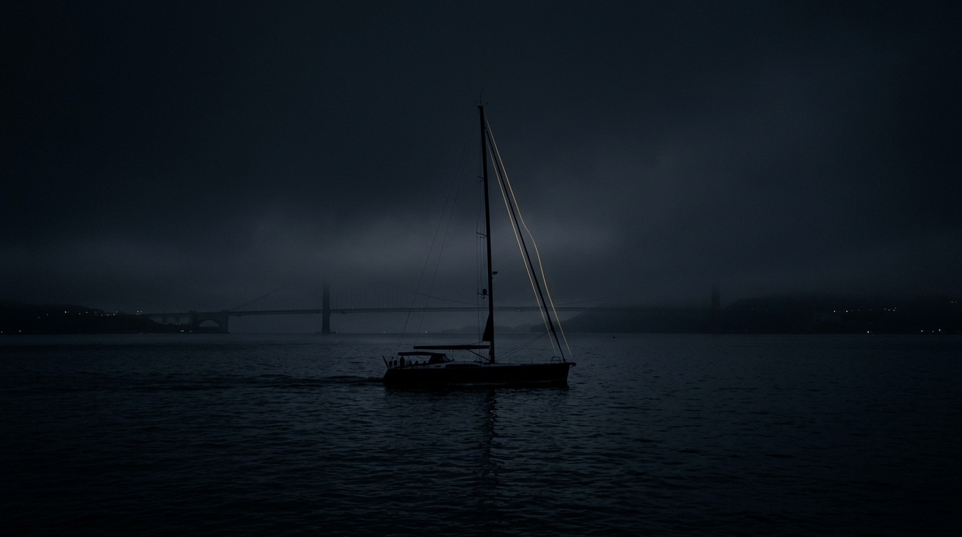 A sailing yacht on San Francisco Bay at night with a faint gold light line suggesting a secure satellite data link