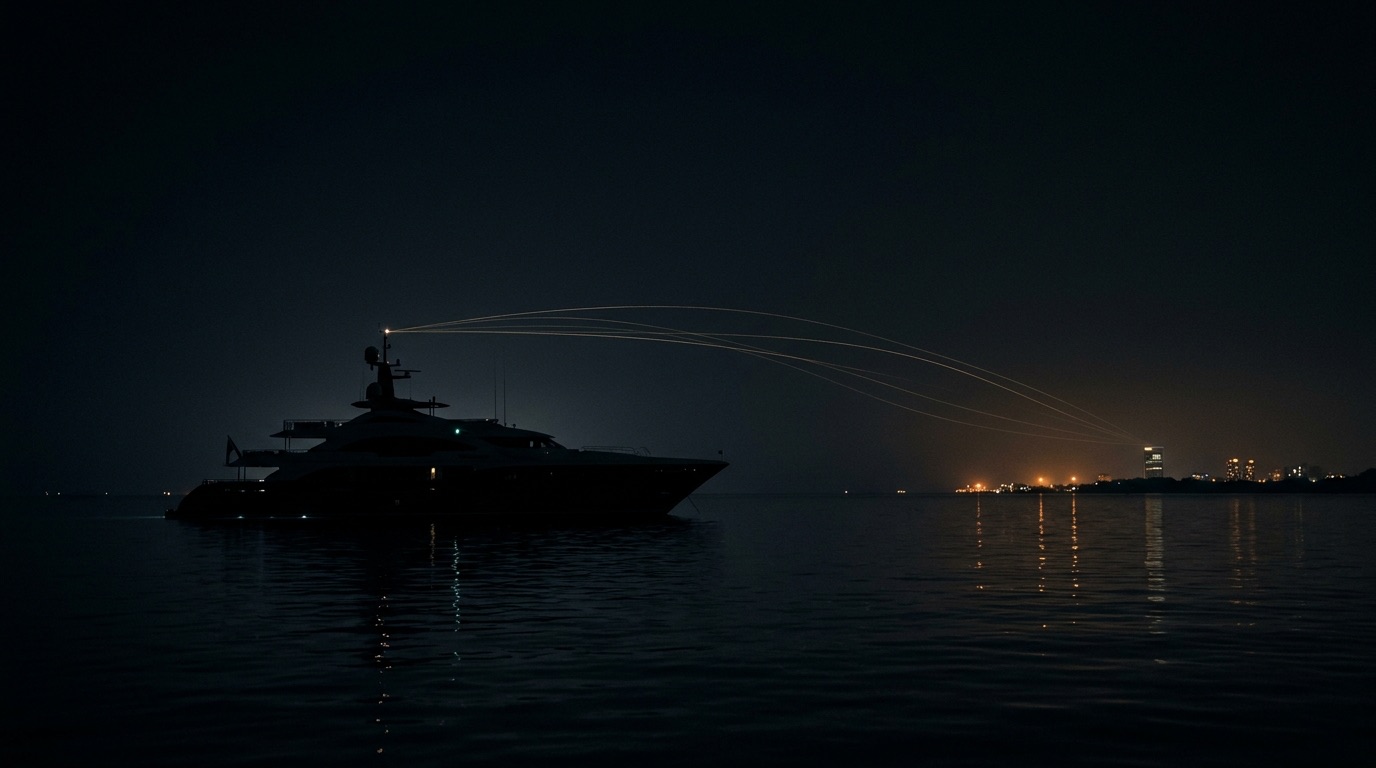 Superyacht silhouette at anchor at night with a distant illuminated coastline glow