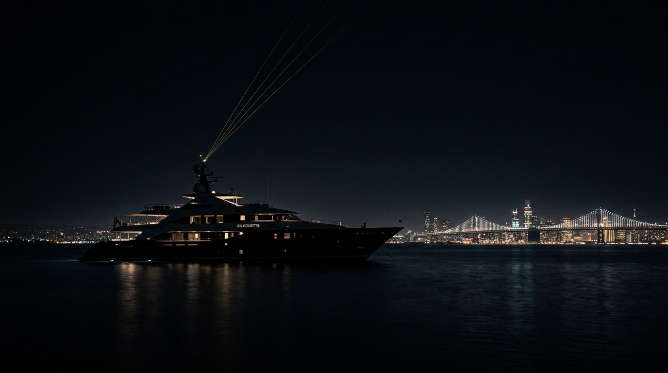 Motor yacht at anchor in Tokyo Bay at night with distant city lights and faint gold uplink lines