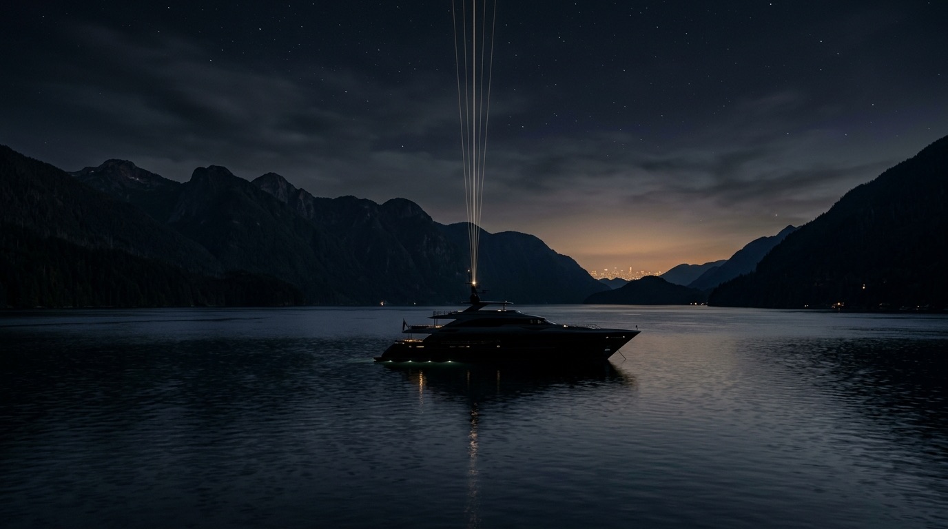 Motor yacht anchored at night in a remote Pacific Northwest fjord with faint gold satellite uplink light lines, representing secure Vancouver superyacht connectivity for coastal cruising