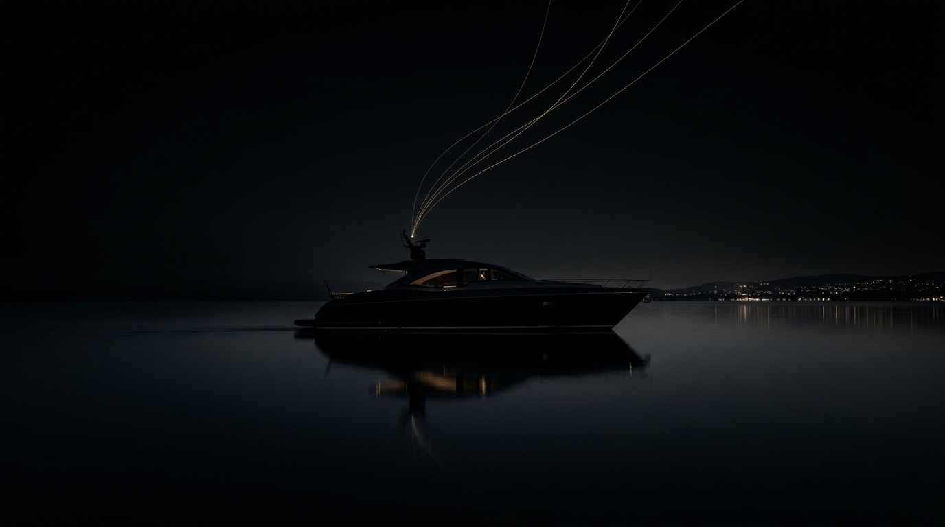 Motor yacht silhouette on a dark alpine lake at night with faint gold satellite uplink light lines, representing secure Zurich superyacht and lake-yacht connectivity