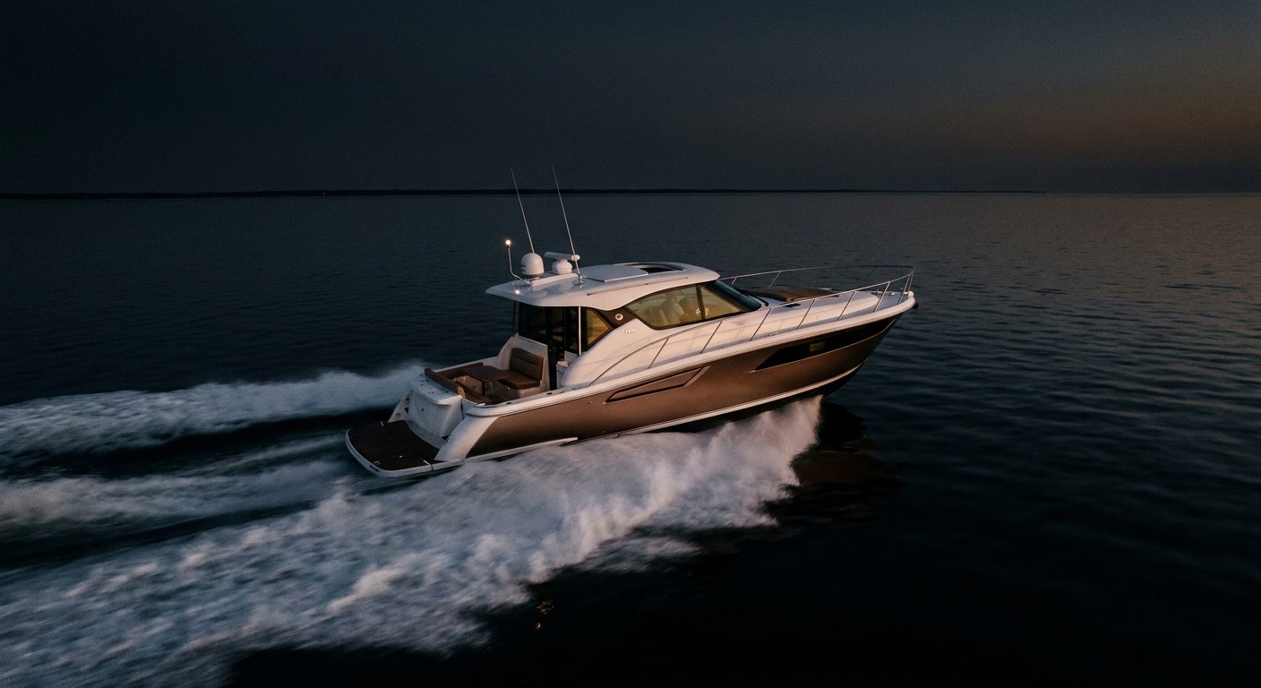 Tiara Yachts 48 LE performance coupe running at speed against a dramatic black-water backdrop, cinematic photoreal style
