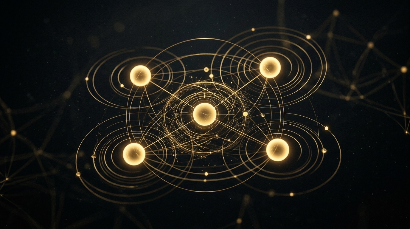 Abstract gold data-visualization rings connecting four glowing nodes on a dark background, representing the Obsidian Helm UHNW Cyber Exposure Index across family-office, estate, yacht and aviation risk