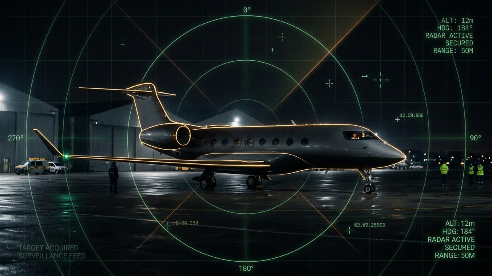 Private jet and superyacht silhouettes fading into dark geometry with faded radar and coordinate overlays, representing UHNW tracking defence