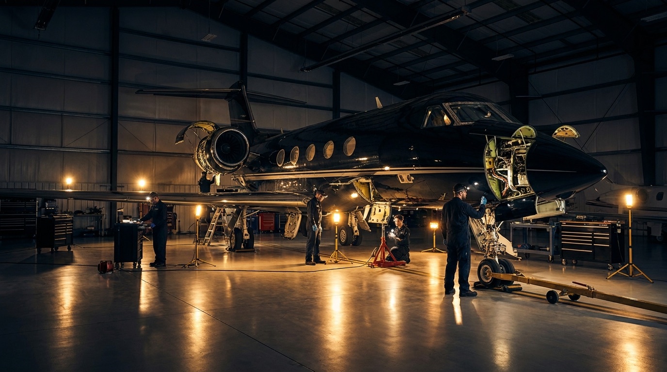 Private jet under inspection in a hangar