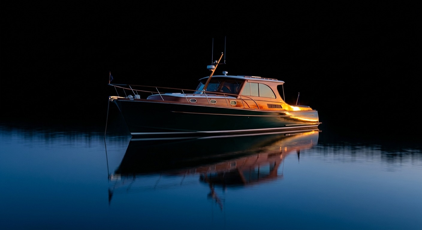 Cold-molded mahogany Vicem-style flagship motoryacht at anchor, cinematic black-background photo