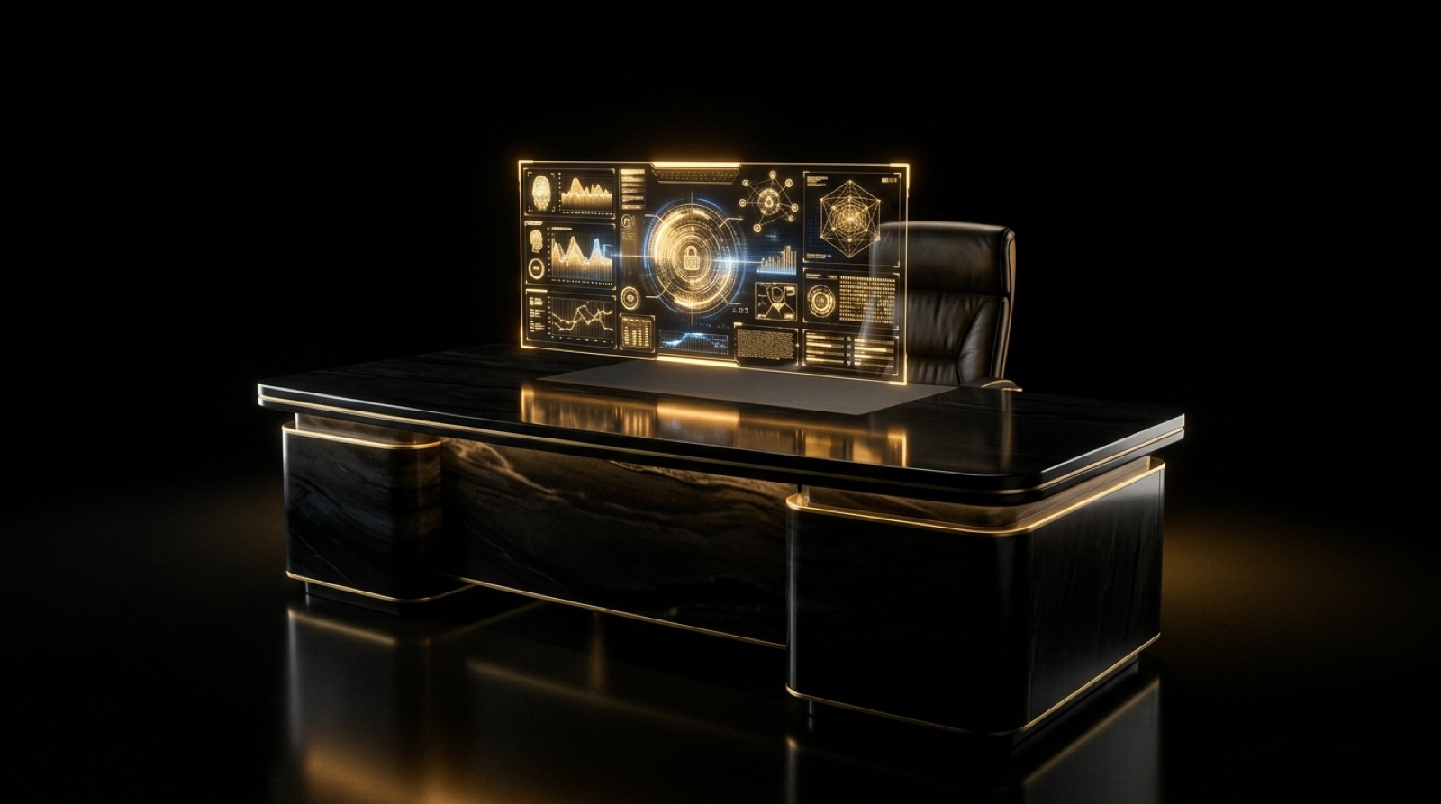 Executive desk with a glowing gold security dashboard against a black background
