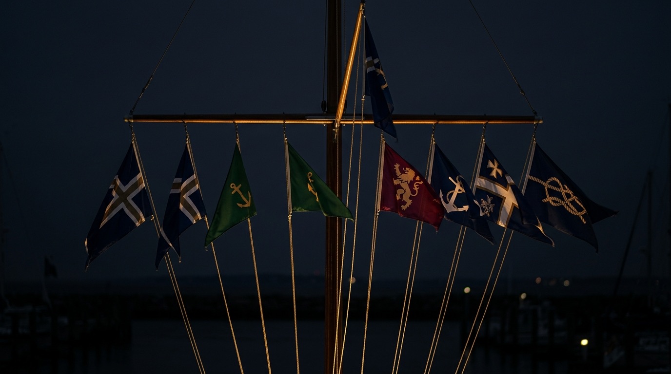 A row of yacht club burgees on a marina flagpole mast at dusk with a thin gold light tracing the fabric edges