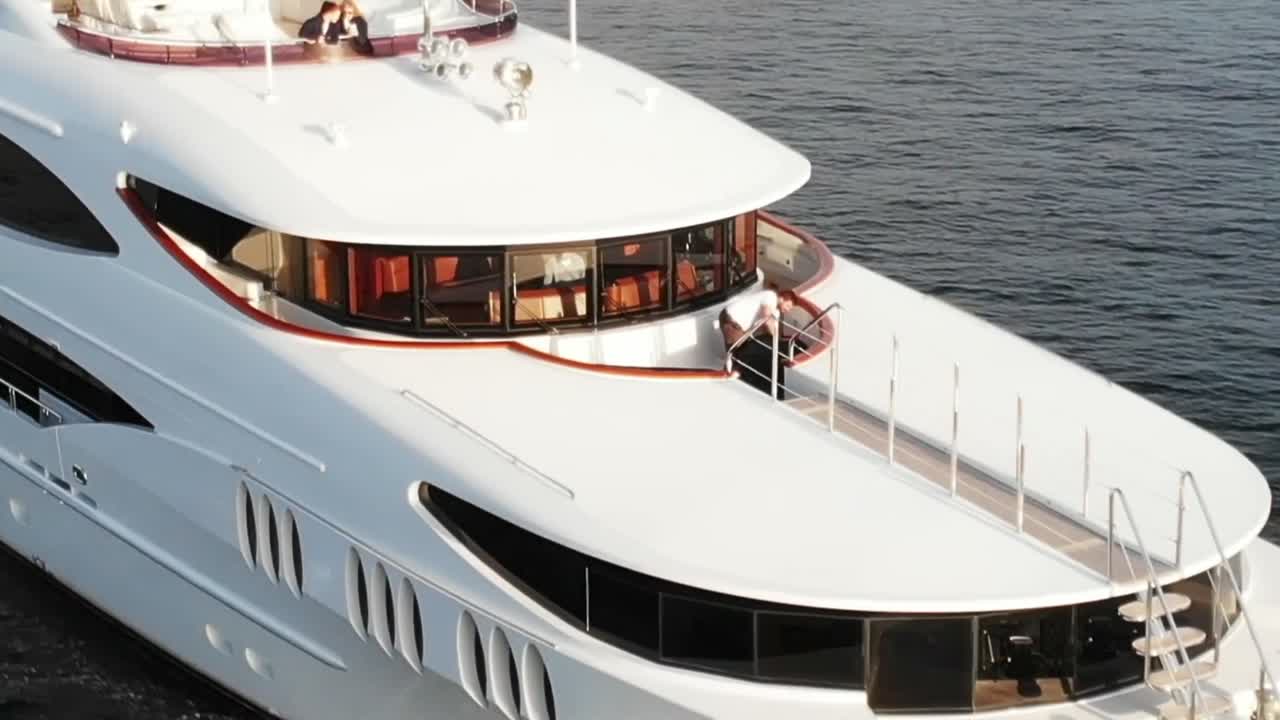Luxury motor yacht anchored off a Mediterranean coast at golden hour